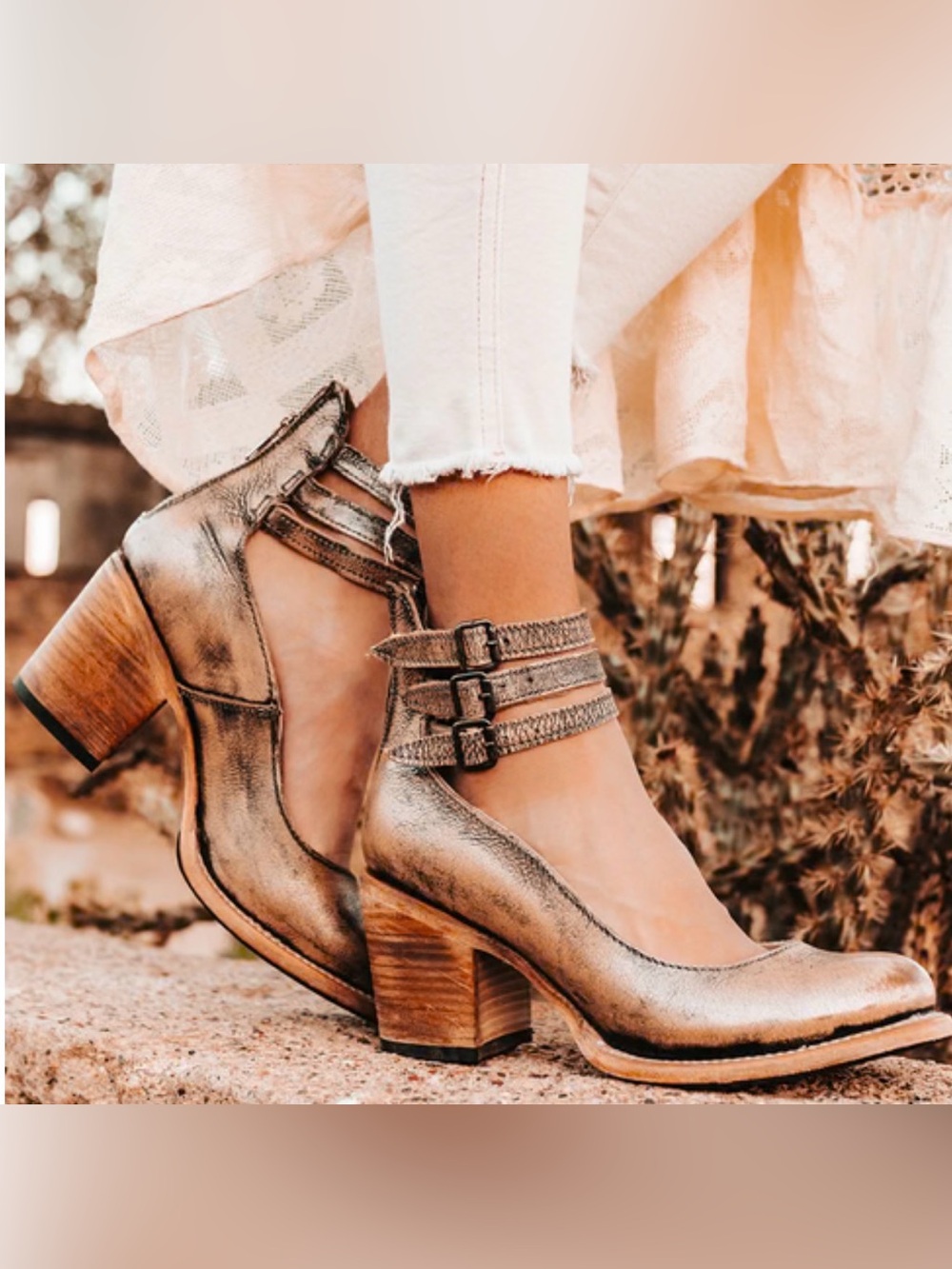 Freebird Randi Pewter/Metallic Taupe Leather Ankle Strap Block Heels 10